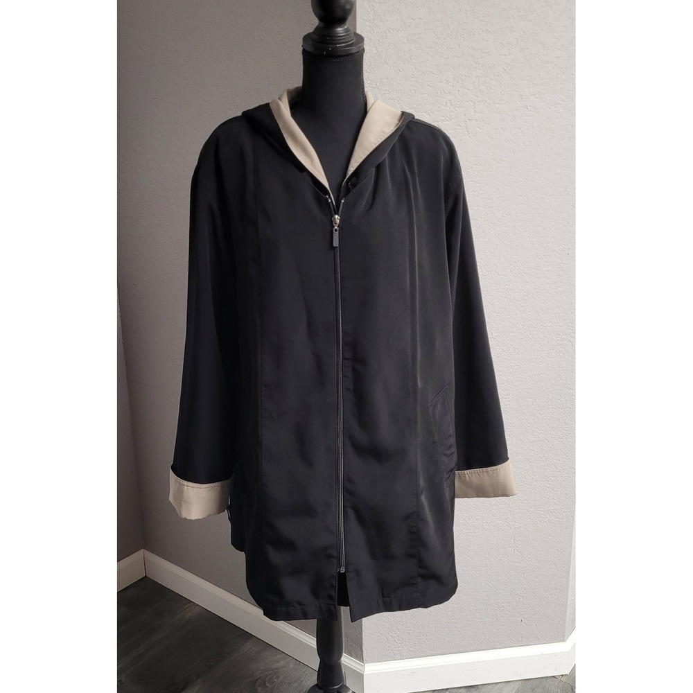Gallery Womens Sz L Hooded Rain Jacket Black Tan Contrast Trim Zip Button Front